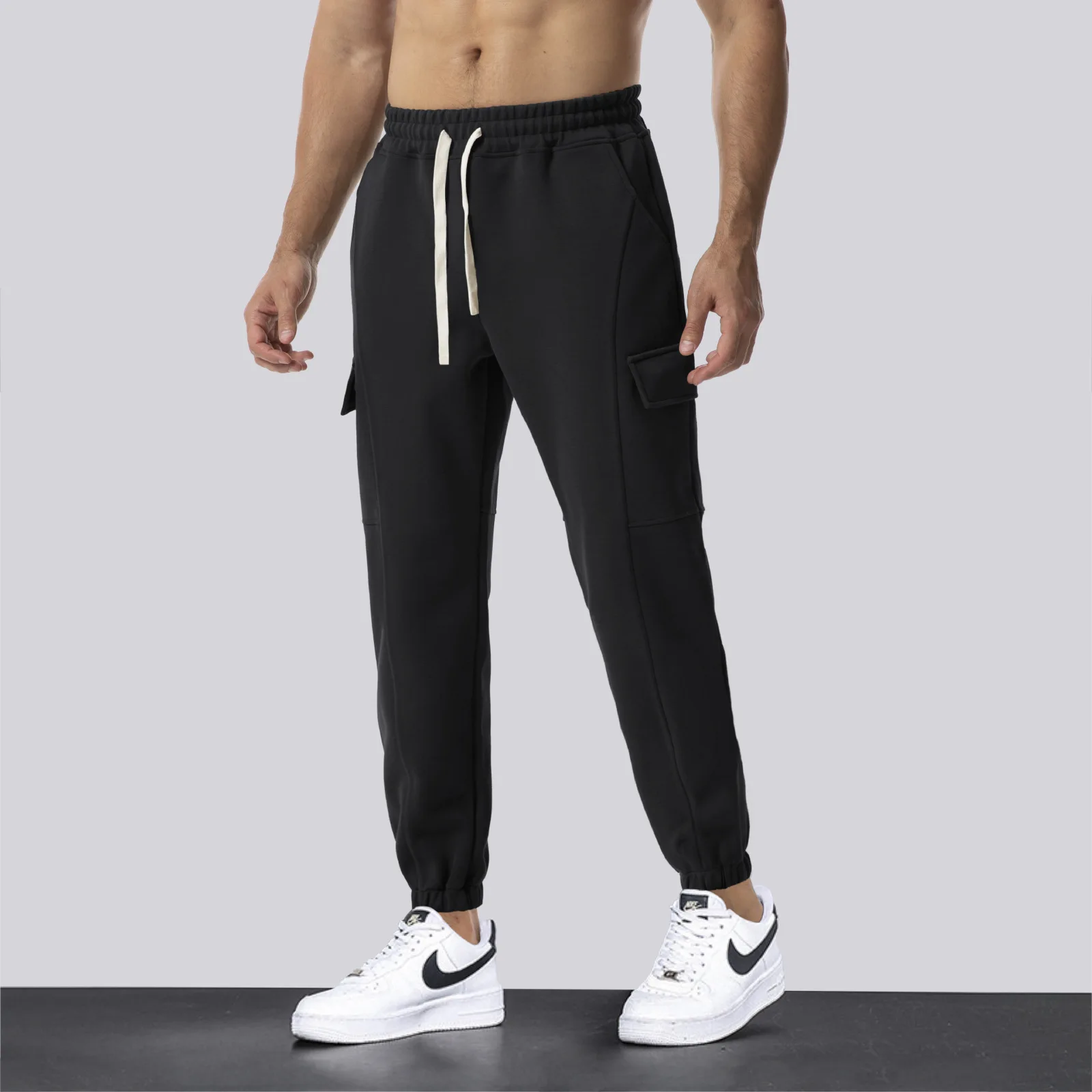 

2024 Autumn Cargo Pants Men Korean Fashion Banded Waist Heavy Cotton Casual Jogger Pants Male Baggy Trousers With Belts Elastics