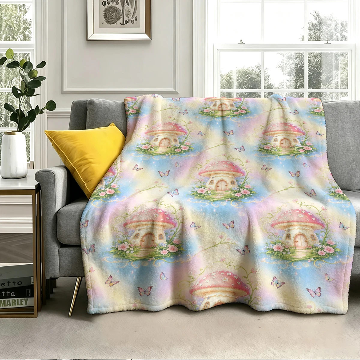 Mushroom House Floral Repeat Flannel Blanket Warm Soft Halloween Christmas Decorative Couch Warm Cozy All-Season Gift