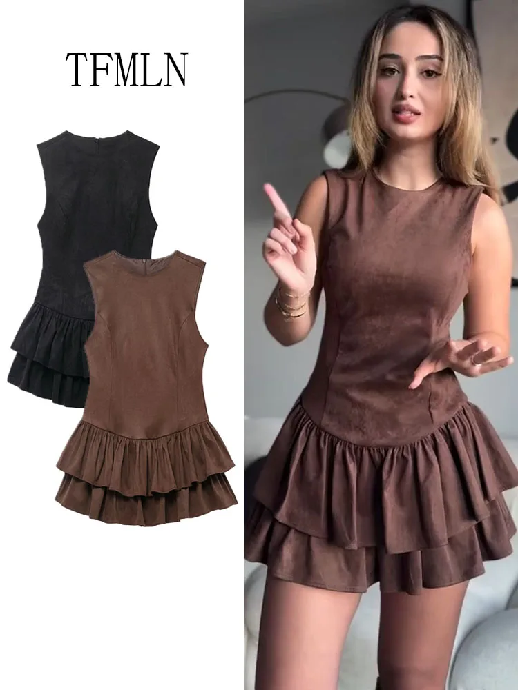 Tfmln doce em camadas mini vestido para mulheres elegante sexy sólido sem mangas em torno do pescoço vestido de volta zíper festa à noite vestidos curtos