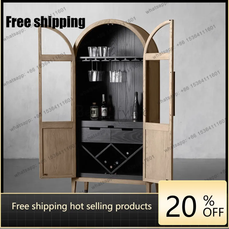 

LD American solid wood wine cabinet ash wood retro old arched glass door side cabinet can be customized