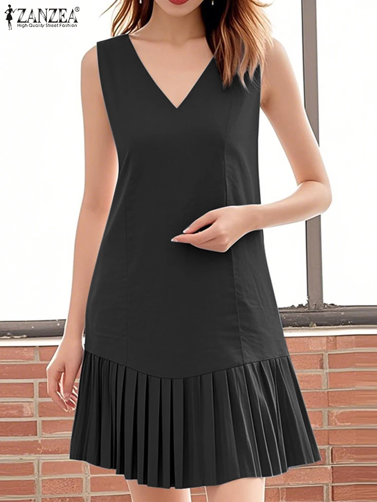 

Fashion Summer V-Neck Sleeveless Sundress ZANZEA Women Mini Dresses Solid Pleated Work Vestido Kaftan Stylish Holiday Work Dress
