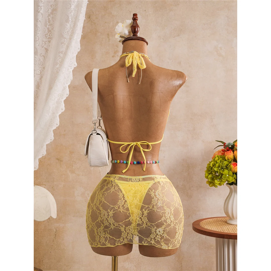 Mit Rock, Spitze, Neckholder-Bikini, Damen-Badeanzug, Damen-Bademode, dreiteiliges Bikini-Set, hoch geschnittene Beine, Badeanzug, Badebekleidung, Schwimmbekleidung V8418 – Detail 20