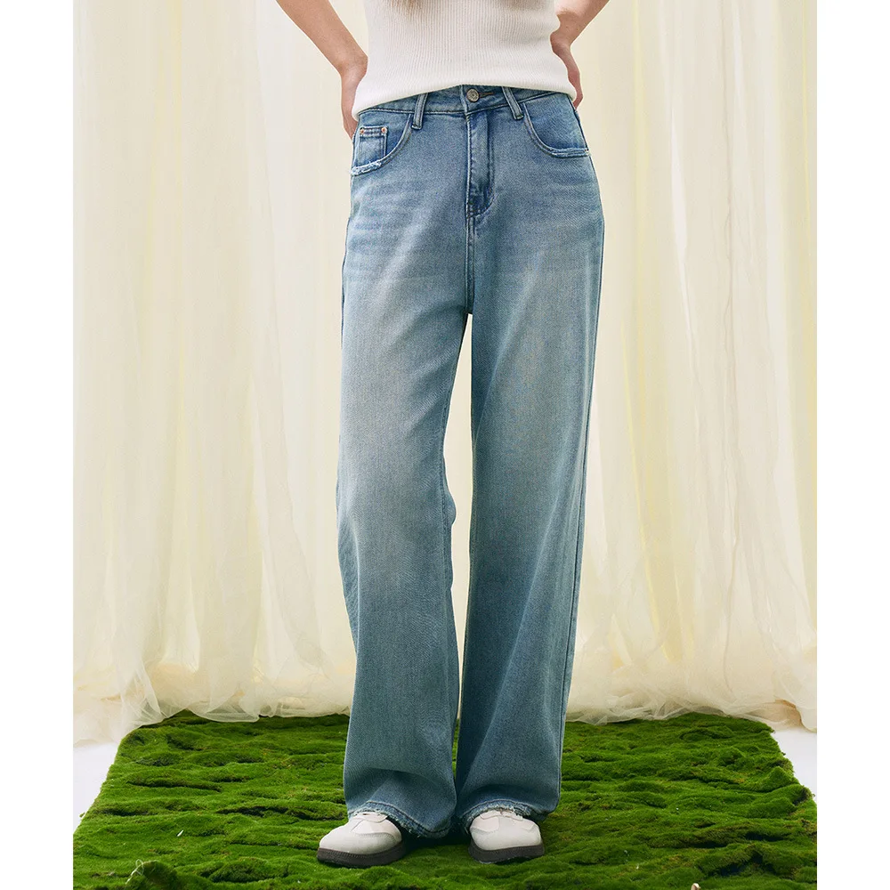 

Shengdu Spring New Arrival High Waist Straight Leg Jeans Retro Washed Cotton Casual Cuffed Long Pants Women's Denim Jeans