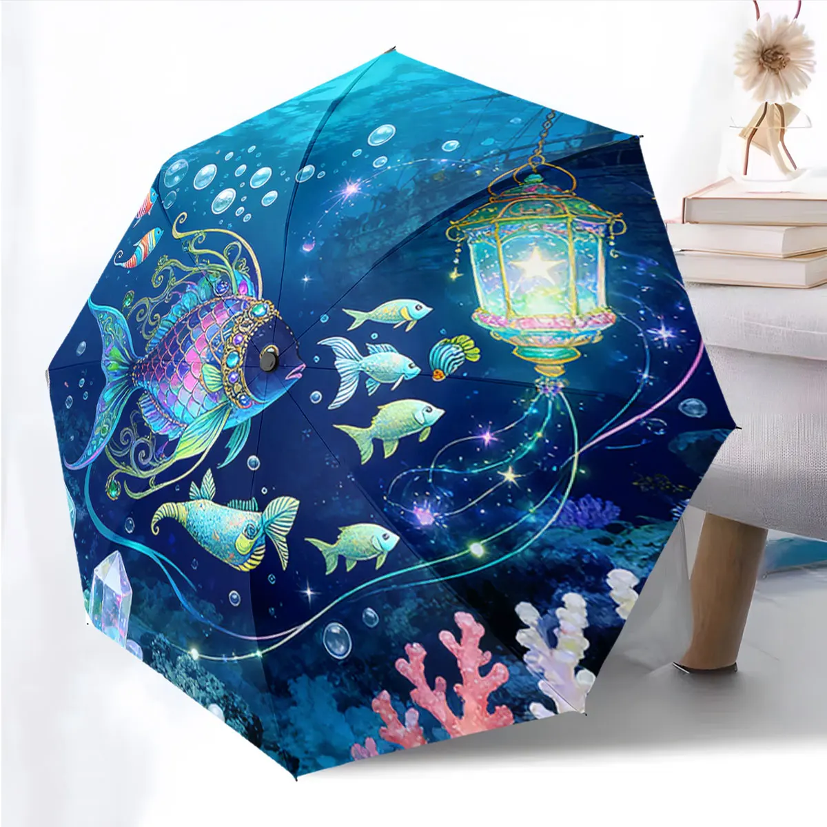 1PC Fish Fantasy: An Umbrella Wonderland Print 8 Iron Ribs Folding Umbrella Auto-Open Fashion Sunshade