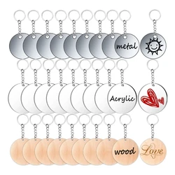 30Pcs/Set DIY Acrylic Wood Metal Keychain Craft Engraving Hand Painting Round Unfinished Keychain Blanks Decorative Key Tags