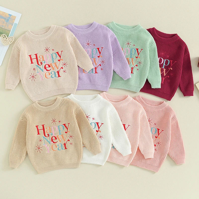 Lioraitiin Baby Boy Girl New Year Outfit Long Sleeve Crewneck Letter Embroidery Sweater Tops Infant Winter Clothes