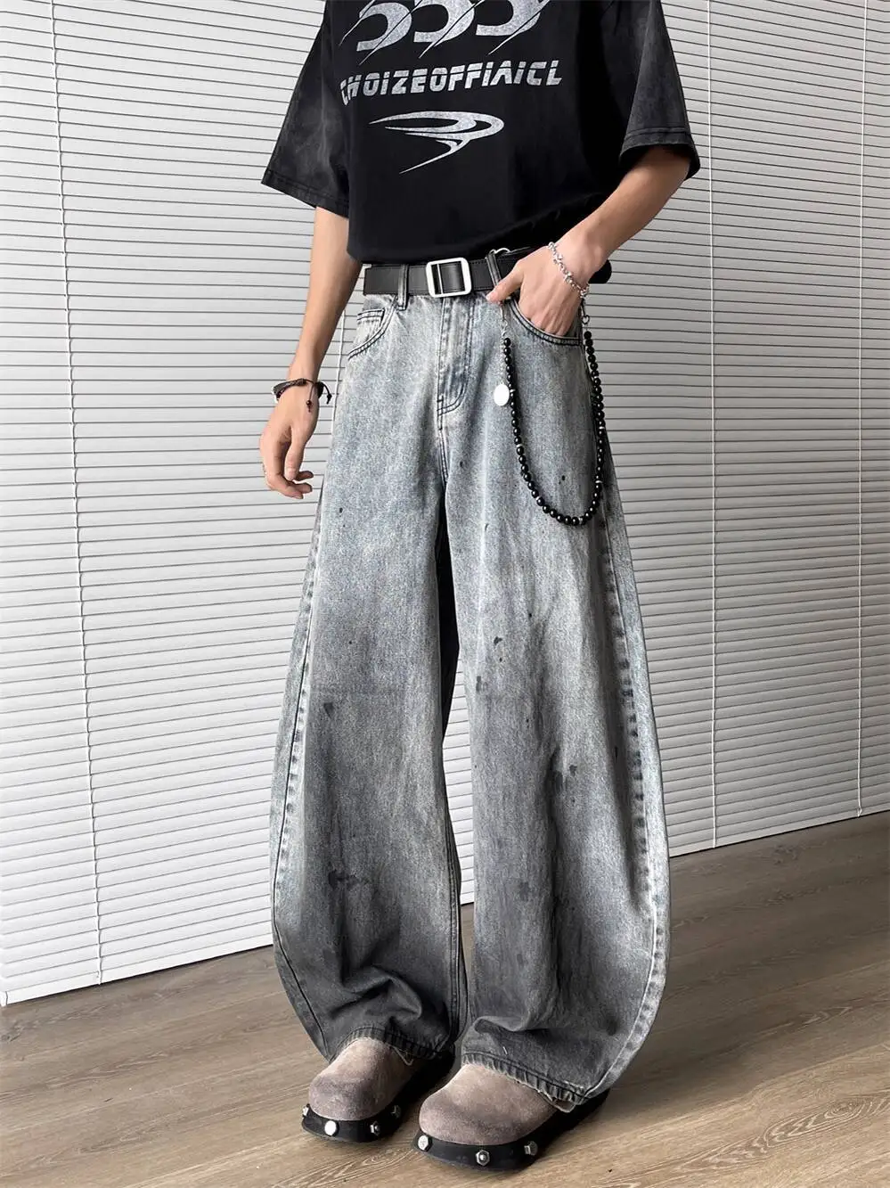 2025 الخريف الشتاء الجينز الرجال المتخصصة الرجعية التدرج سبلاش الجينز العصرية فضفاض بنطال ذو قصة أرجل واسعة فضفاضة تناسب سراويل جينز #3