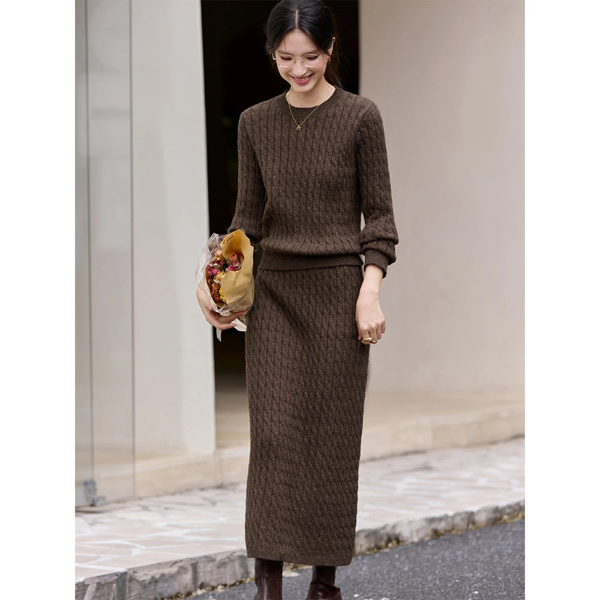 VIMLY Conjunto de falda de dos piezas de punto para mujer, suéter de cuello redondo tejido por Cable, faldas largas, conjunto de falda informal, 2 piezas para mujer 75222