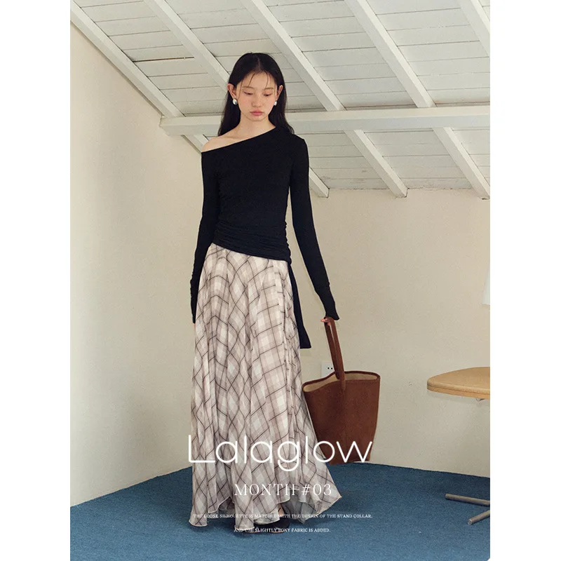 Women's Gentle Style Draped Loose Fit Plaid Long Skirt Asymmetric Hem Lightweight Soft Light Beige Brown