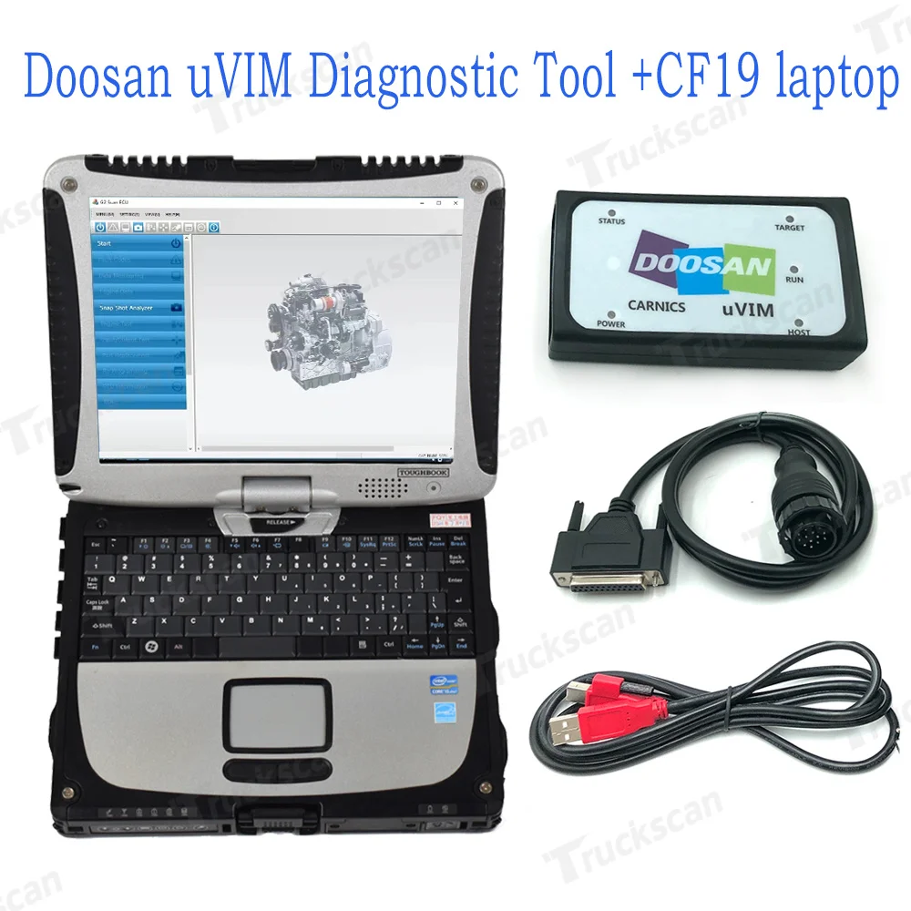 Doosan uVIM diagnostic tool excavator forklift engine fault detection OBD interface DDT CARNICS SCR DPF DMS-5 DCUECUG2+CF19