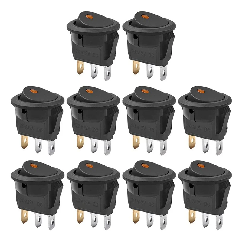 10Pcs SPST Round Dot Rocker Toggle Switch 20A 12V DC On/Off Control for Car or Boat with LED Light, Yellow Light