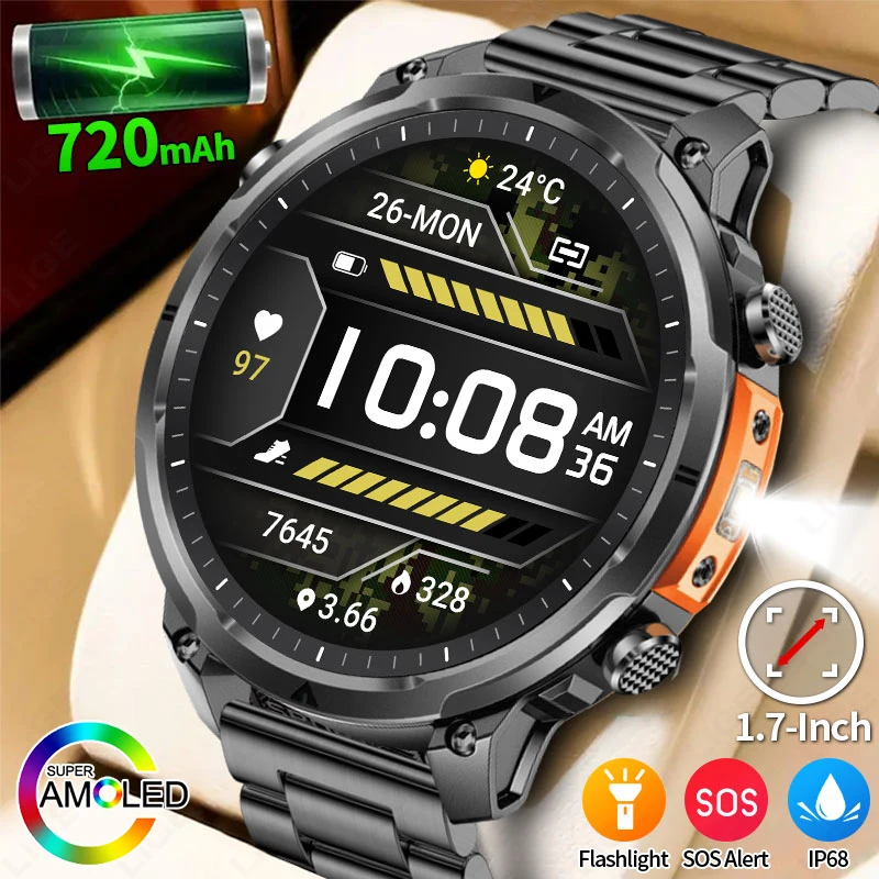 Military Smart Watch Men 1.7'' HD Large Screen Smartwatch Flashlight Waterproof 720mAh Pedometer Mens Smartwatch for Android iOS