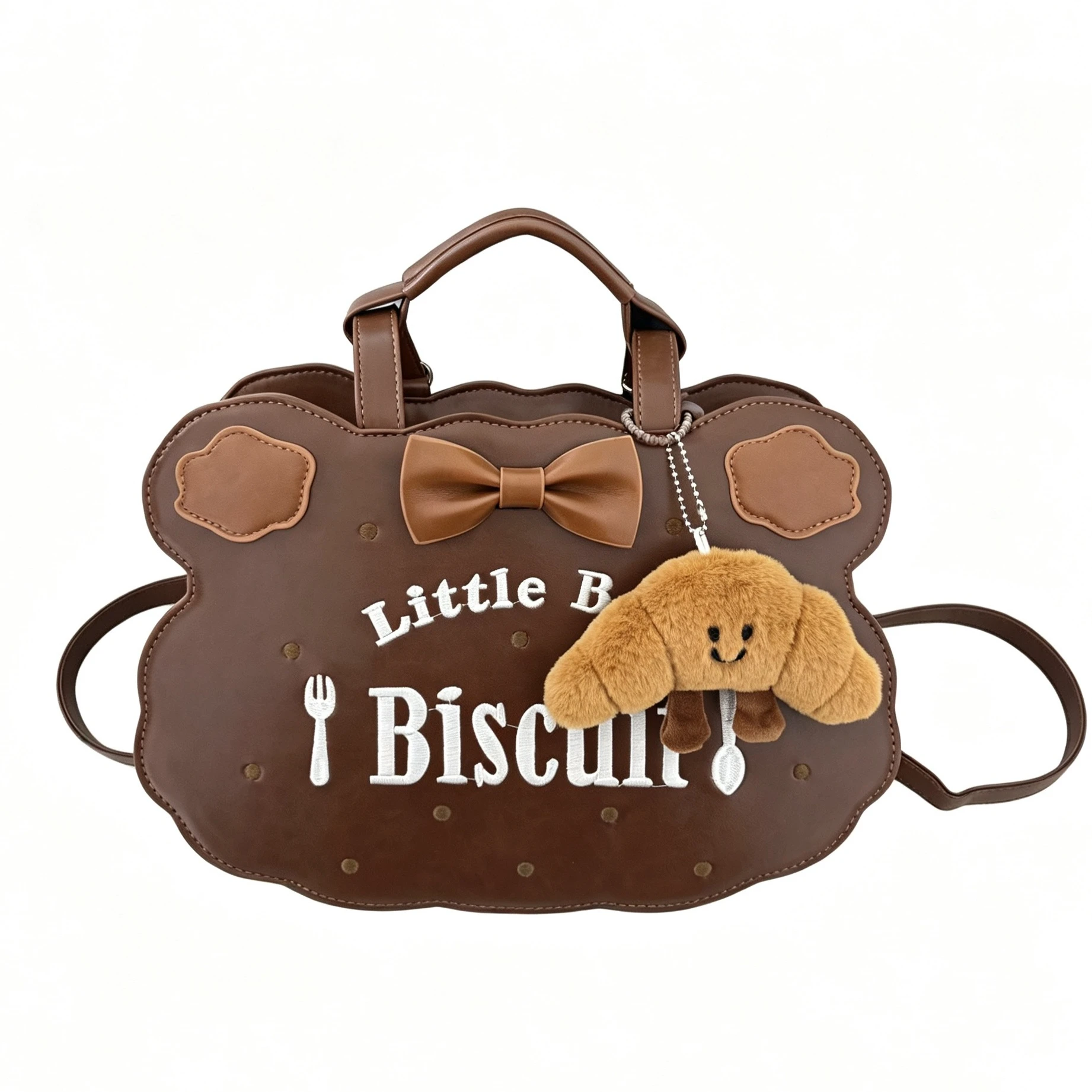 Coffee Brown Cute Biscuit Shape Handbag Kawaii Little Biscuit Embroidery PU Leather Crossbody Shoulder Bag Purse Bow Decor Girls