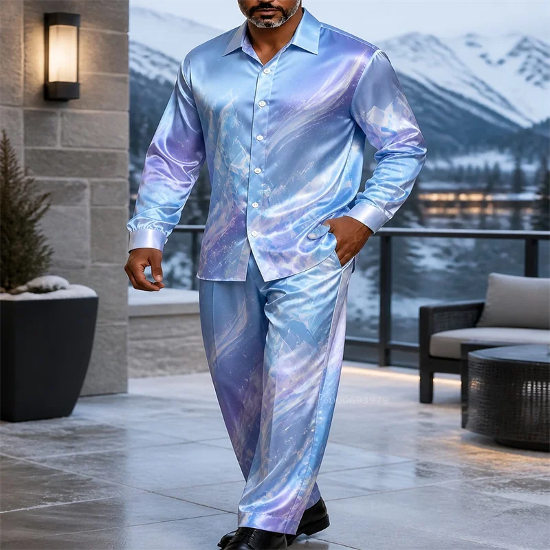 Luxury Men Satin 2‑Piece Matching Outfit Blue Purple Swirl Marble Print Lapel Collar Long Sleeve Shirt Pants Prom Banquet Men Cl