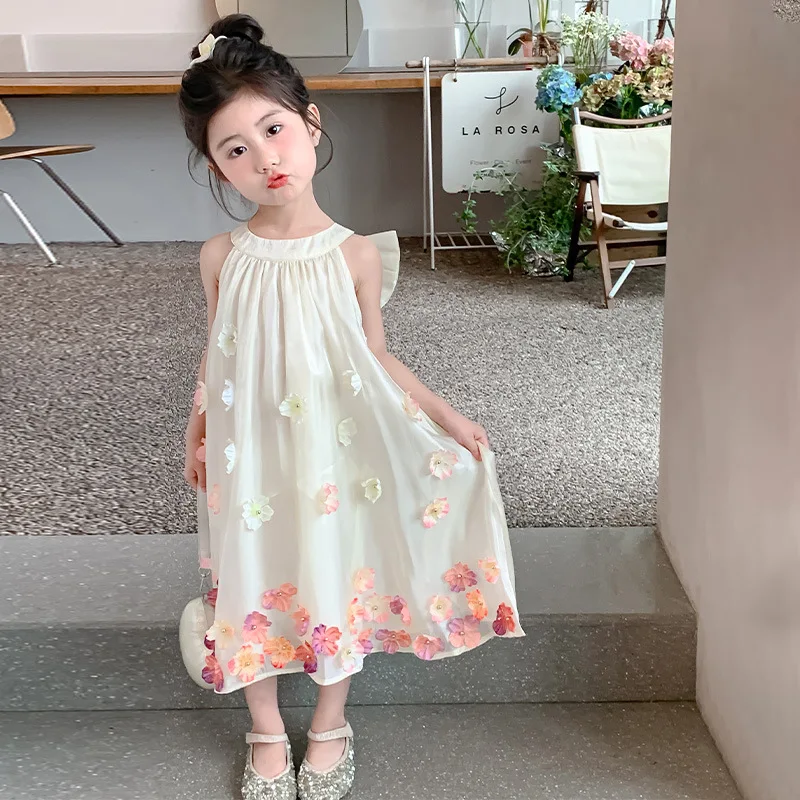 

2026 Summer New Style Girls' Strap Flower Patch Back Bow Decorative Dress