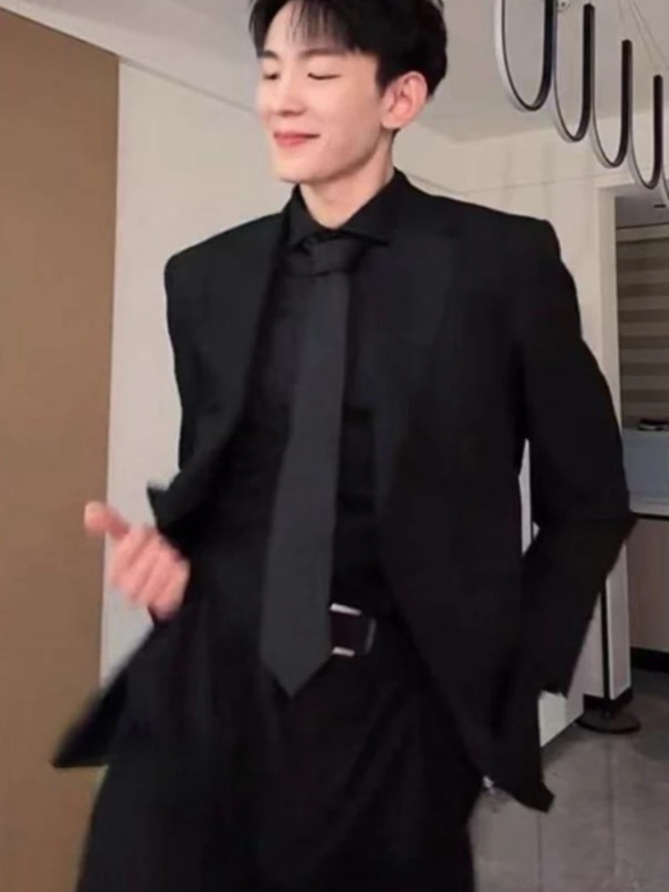 Men's Black Padded Shoulder Trendy Suit Business Formal Premium Rugged Handsome DK Uniform Korean Style Casual Blazer Set