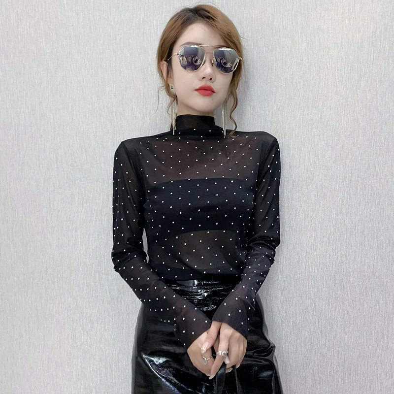 #8455 Black Mesh Tshirt Women Polka Dot Printed Long Sleeve T Shirt Femme Turtleneck Diamonds Sexy Perspective T-shirt Thin Slim