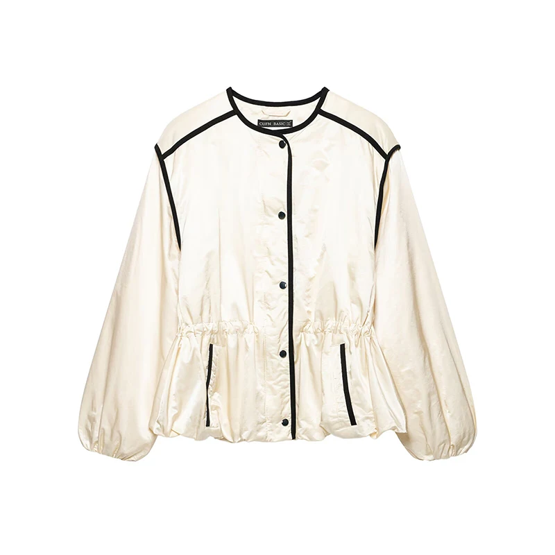 YENKYE Autumn 2026 Women Contrast Piping Satin Jacket Round Neck Button Down Drawstring Waist Puff Sleeve Casual Outerwear