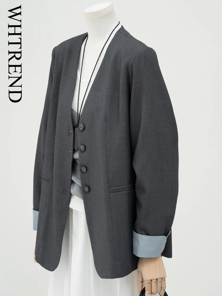 

WHTREND Elegant Gray V-Neck Blazer For Women 2025 Autumn New V Neck Single Breasted Chic Jacket Coats Office Lady WH1674