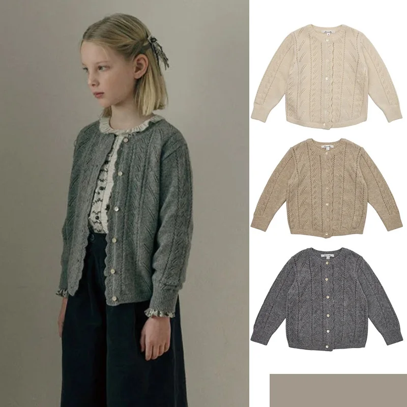 

Girls' Sweater 2025 Fall New Arrival Solid Color Fashionable Children's Knit Cardigan Jacket Pure Cotton Sweet Baby Wool Sweater