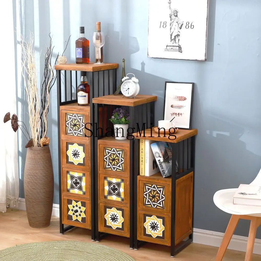 

CL Retro Chest of Drawers Storage Living Room Gap Shelf Solid Wood Sofa Bedroom Narrow Side Small Cabinet