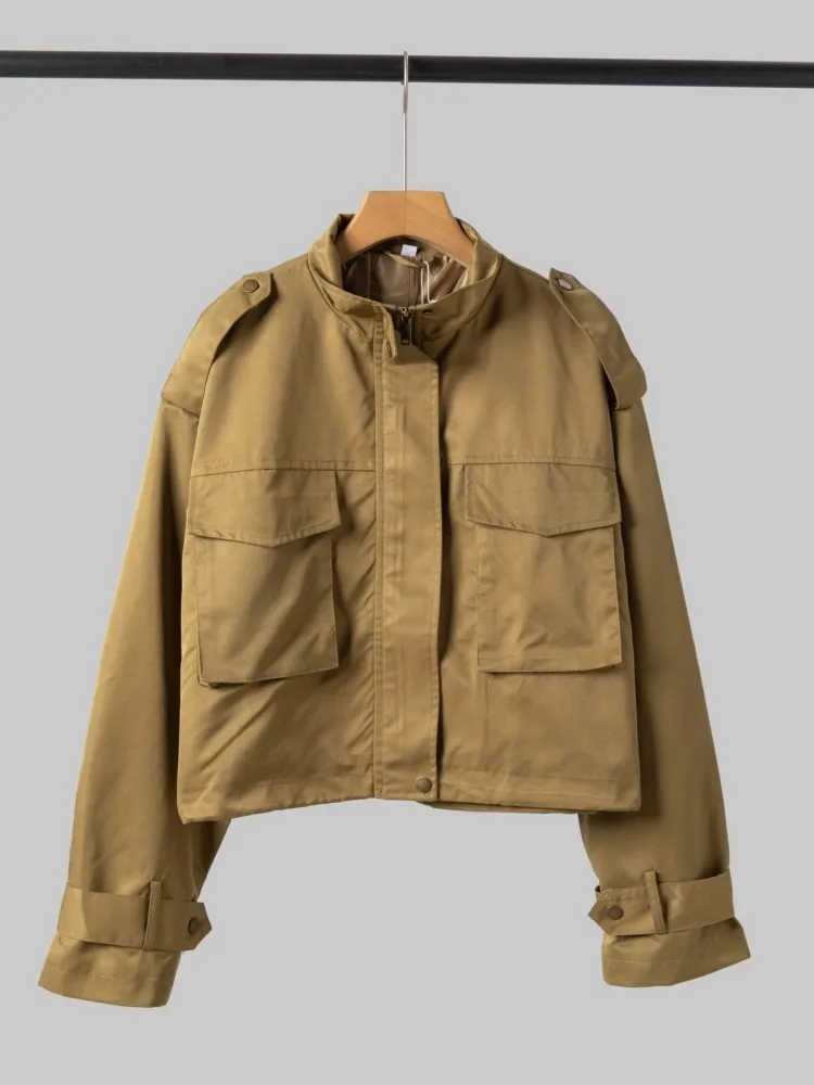 

Elegant Casual Short Jacket Coat Women 2025 New Autumn Clothing Fashion Loose Solid Color Pocket Decoration Long Sleeved Jackets