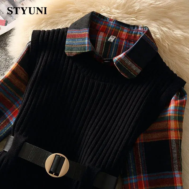 Plaid Flare Sleeve Single Breasted Blouse Shirt Knitted Pullover Vest Women\'s Dress Sets Korean Fashion Short Suit Two Piece Set