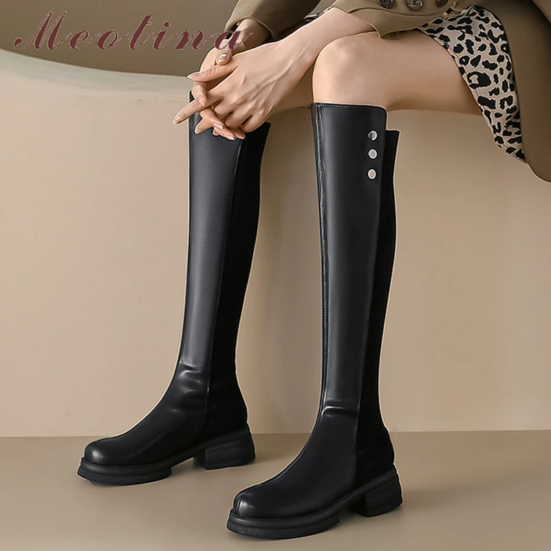 

Meotina Women Knee High Riding Boots Round Toe Flat Ladies Fashion Concise Long Boot Autumn Winter Shoes Black Big Size 43