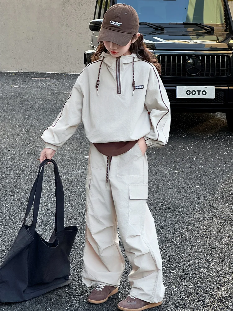 

Girls Outdoor Sports Faion Set Polyester Fiber Spring 2024 Two-Piece Suit Jaet Sweatirt Workwear Trousers Ensemble