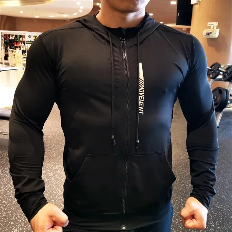 Sports Hoodies Running Fitness Jackets Elastic Tight Zipper Hooded Men Jogging Hoodie Sweatshirts Spring Casual Sportwear Black