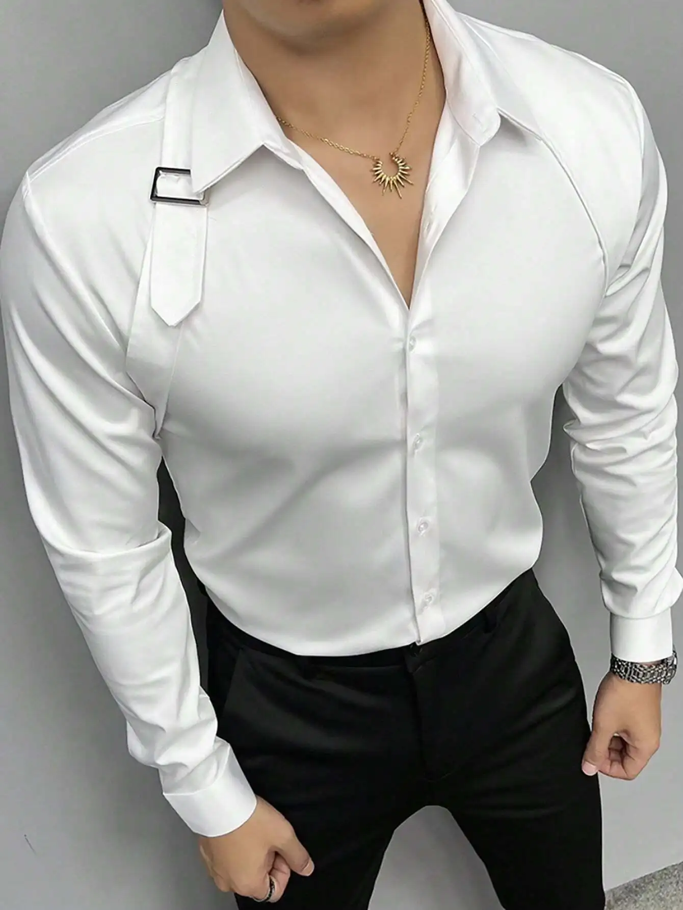 

Men's Solid White Long Sleeve Slim Fit Dress Shirt with Strap Detail