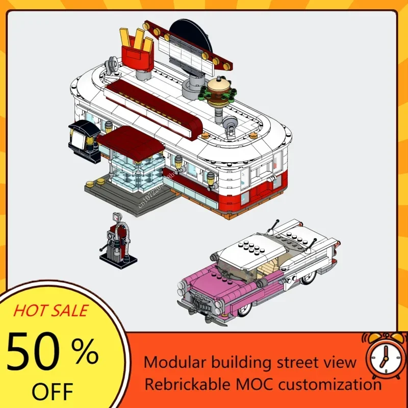 1377PCS Burger Restaurant Modular MOC-910011 Creative street view Model Custom Puzzle Architecture Assembly Model Toys Gift