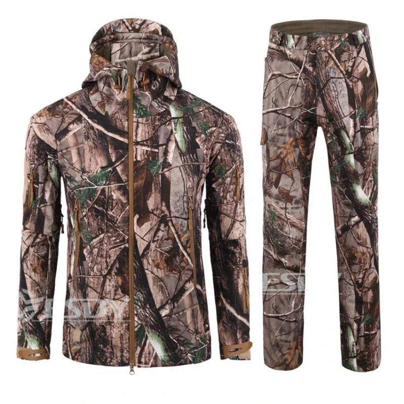 Pop TAD Tactical Softshell Jacket Set Men Fleece Coat Outdoors Waterproof Camouflage Clothing Suit Shark Skin Jackets Pants Set