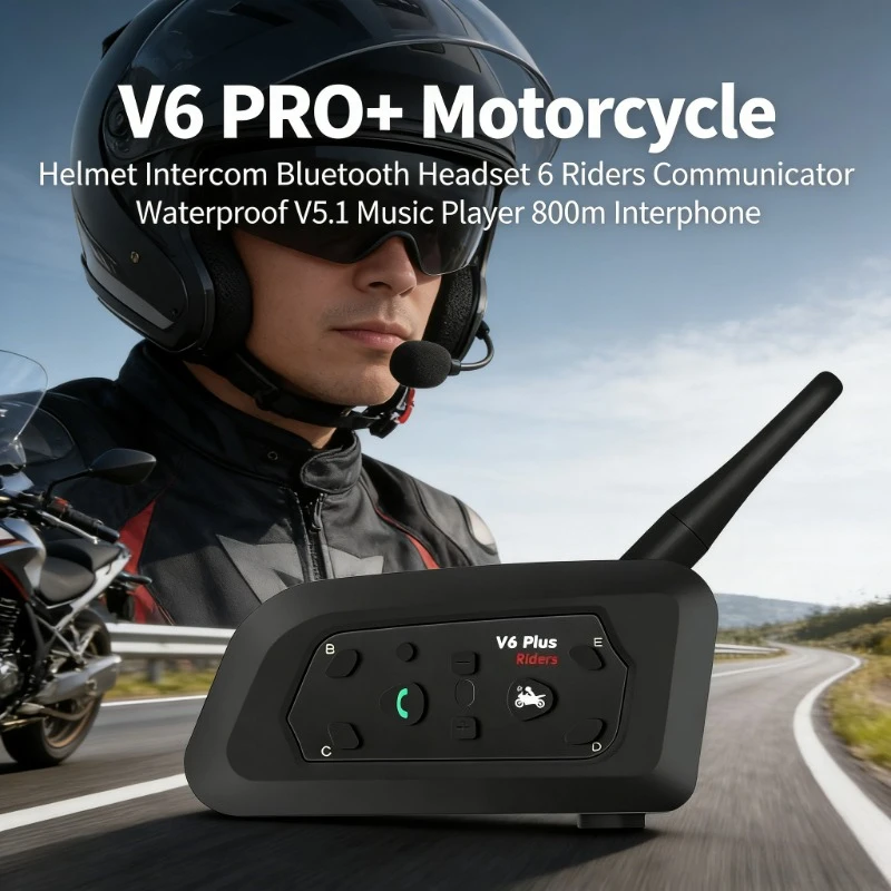 

V6 PRO+ BT5.1 Беспроводная мотогарнитура для 6 райдеров, водонепроницаемая, 800 м, с функцией воспроизведения музыки и связи, интерком для шлемов