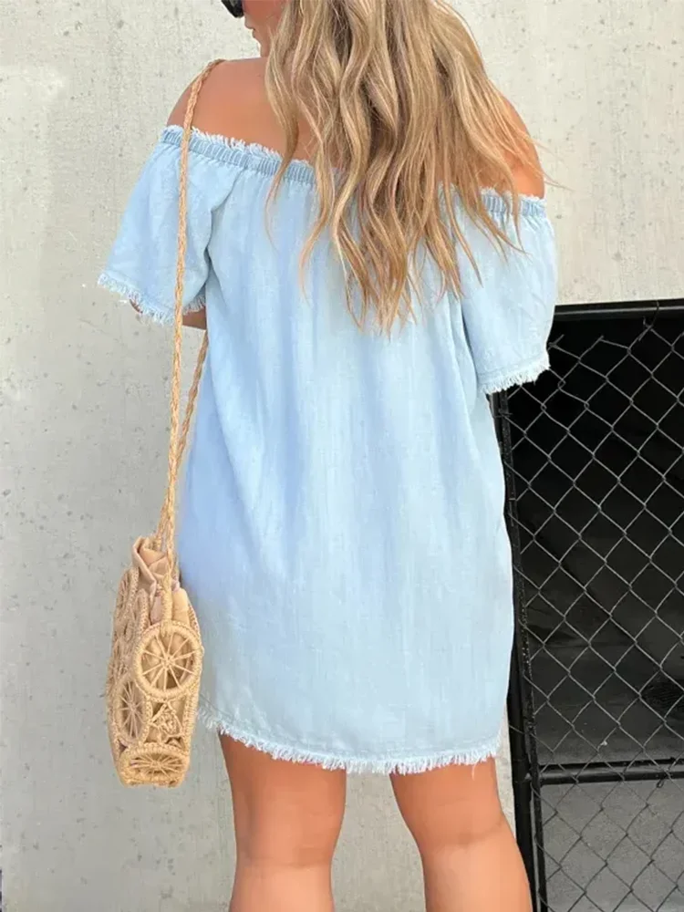 Women's Off-Shoulder Denim Dress Short Sleeve Raw Hem Casual Boho Summer Jean Dress S-3XL