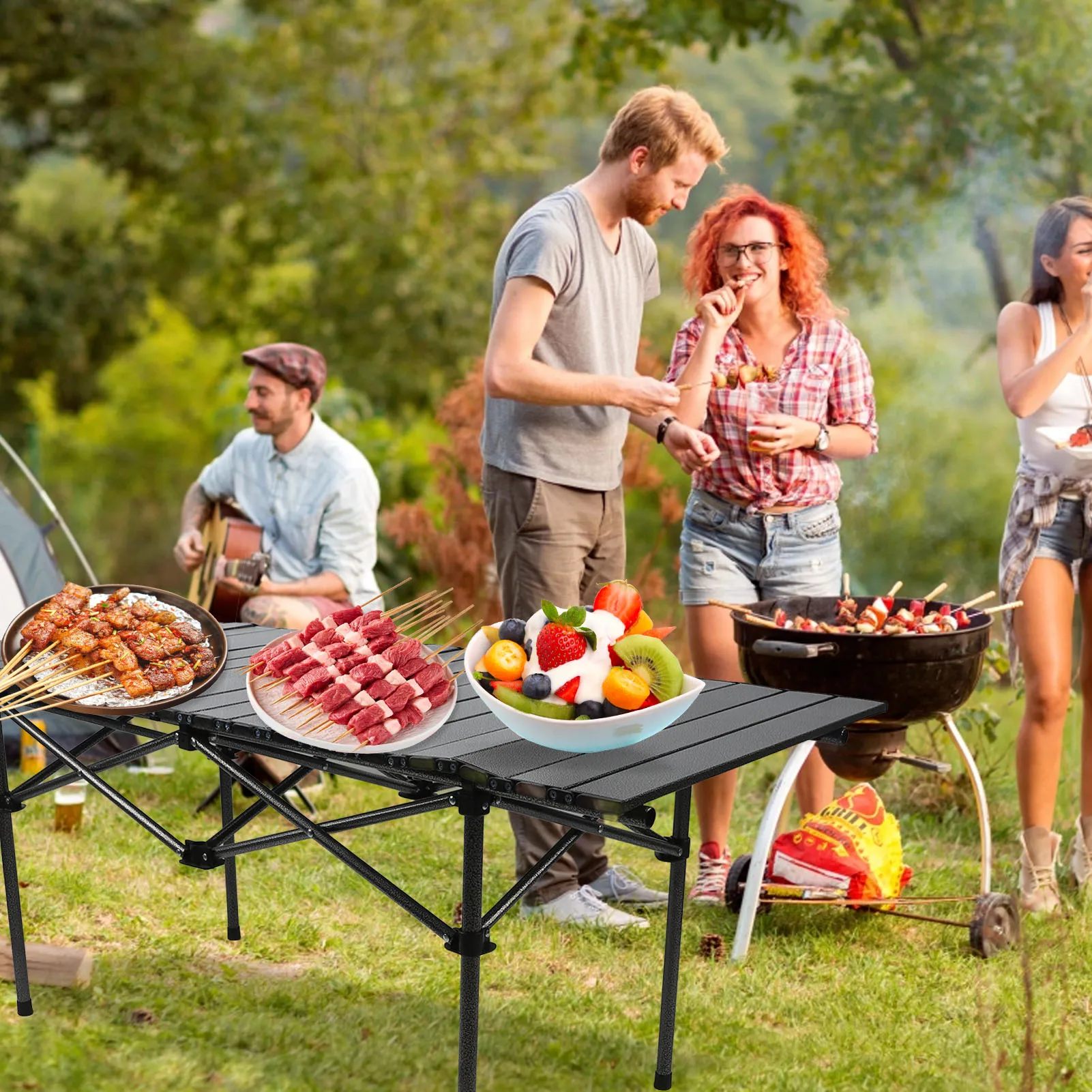 طاولة تخييم قابلة للطي سلة تخزين واسعة محمولة قابلة للطي طاولة خارجية 47.24 بوصة متعددة الوظائف من الفولاذ الكربوني للداخلية