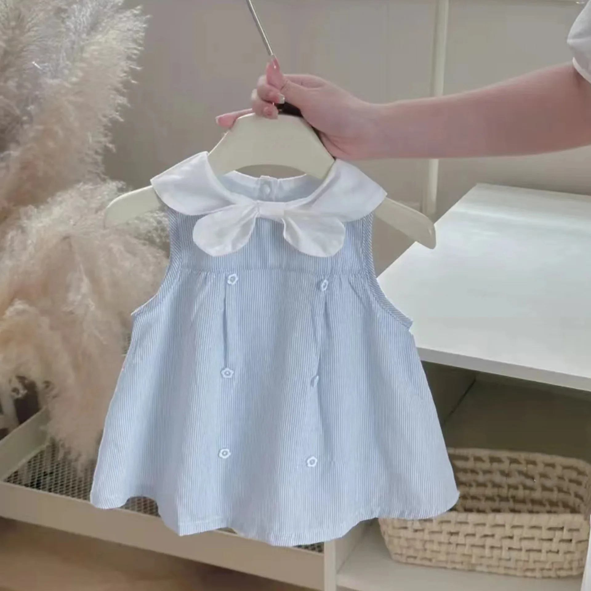 Baby Girls Summer Korean 2024 Dress Sleeveless Preppy Style Cute A Line Knee Length Lapel Newborn Girls Dress Infant Girls Dress