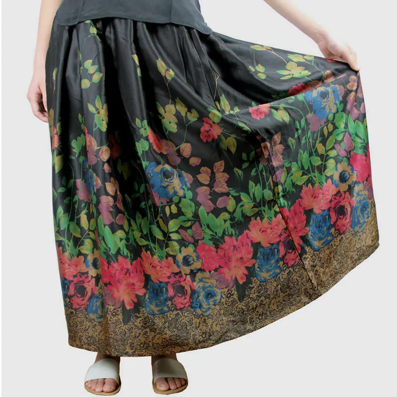 

Retro style comes, 100% mulberry silk fragrant cloud gauze half skirt with printed A-line satin silk large swing skirt