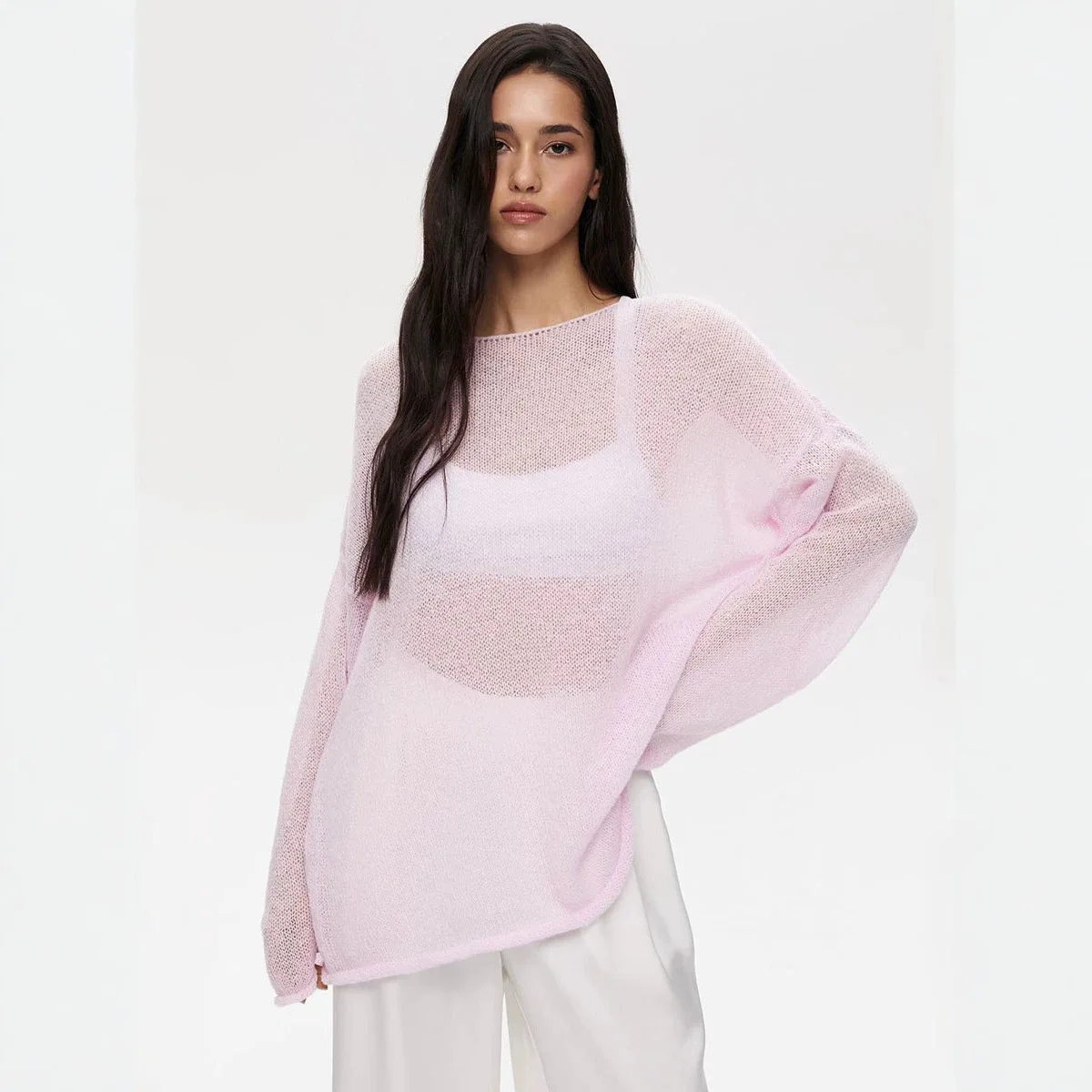 Women Round‑Neck Sheer Cutout Loose Drop‑Shoulder Knit Top For Spring Autumn Street Casual Wear Women's Sweater