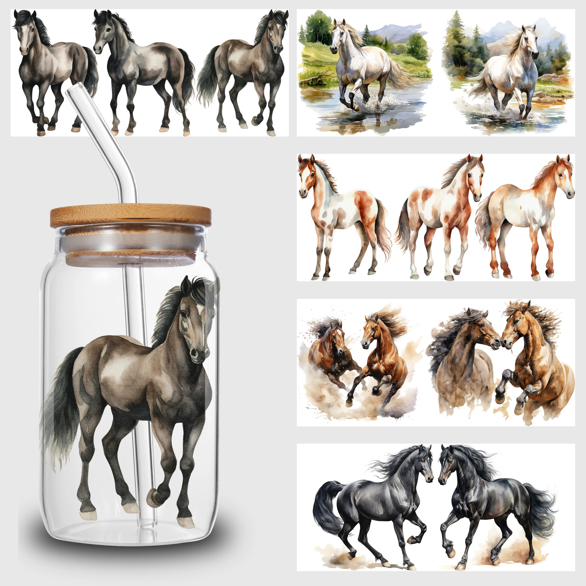 5 Sheets horse UV DTF Cup Stickers for Glass DTF Transfer Stickers, Waterproof Friction Transfers for 16oz Glass, Mugs, Crafts,