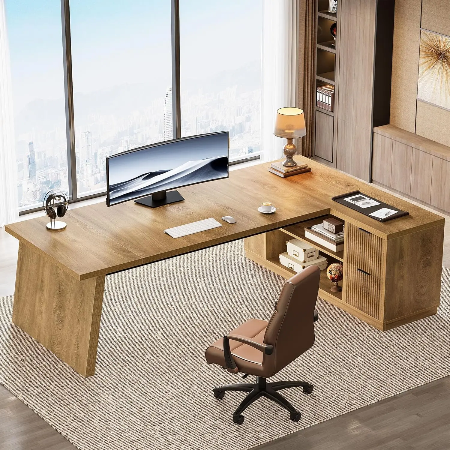 #L-Shaped Executive Desk w/ File Cabinet & Shelves 78in Corner Workstation Home Office Light Brown, Customized