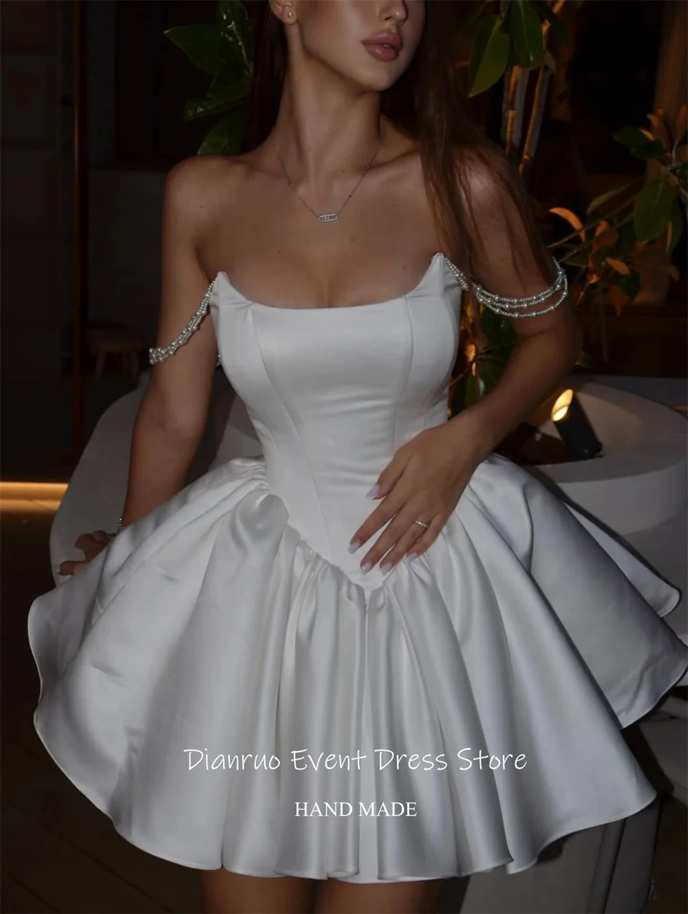 Dianruo Puffy Pearl Straps Satin Prom Dresses Luxury A Line Cocktail Dress Pleated Hem Strapless Homecoming Dresses Customized image 6