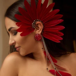 XSBODY Charm Red Feather Tassel Earrings Non Piercing Jewelry Gift Gorgeous Long Pendant Rhinestone Ear Cuff for Women Holloween