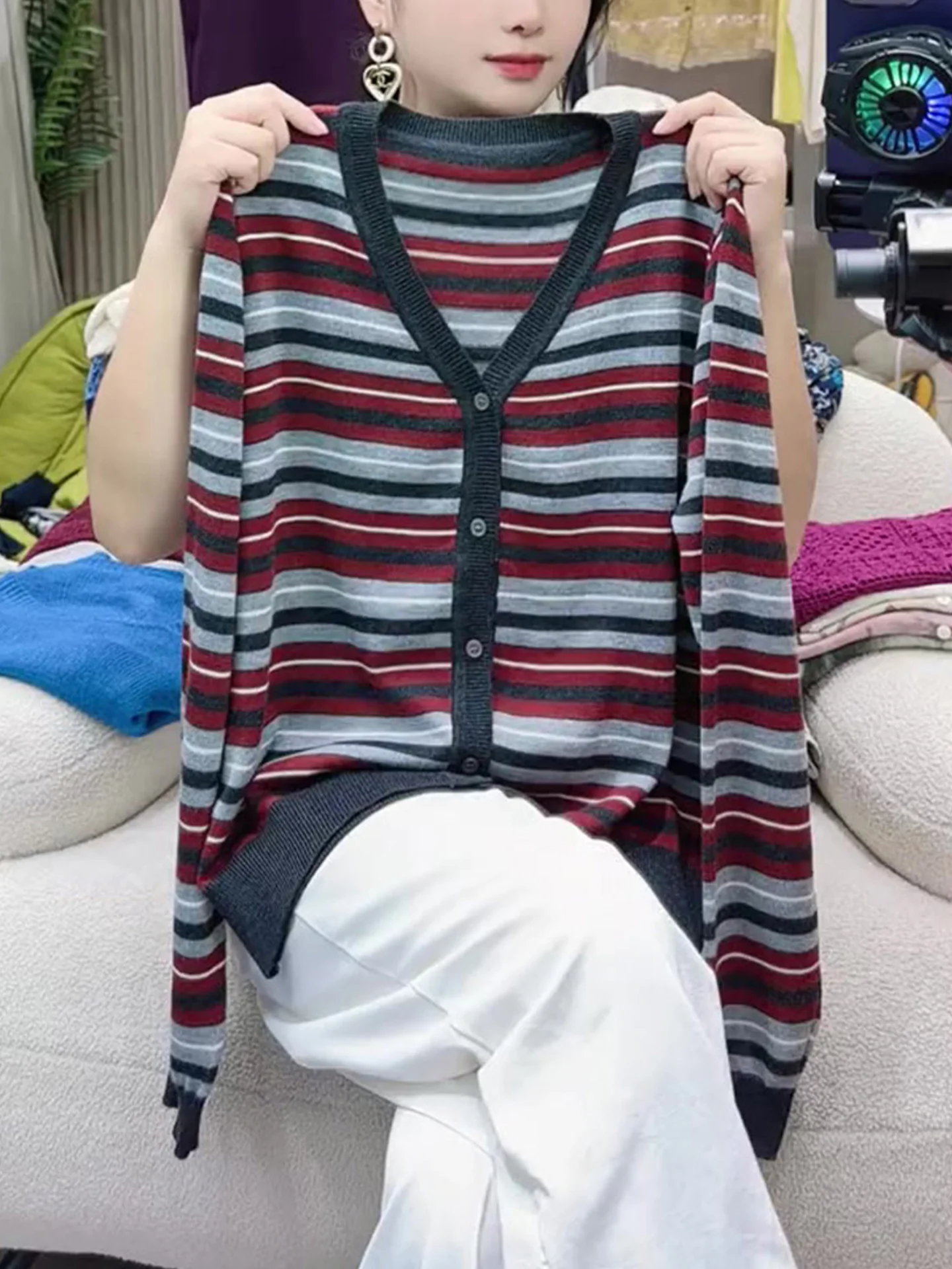 

Ele Striped Knitwear Long Sve Comfortable Base Layer irt Faionable Breathable Early Autumn Top High End European B...