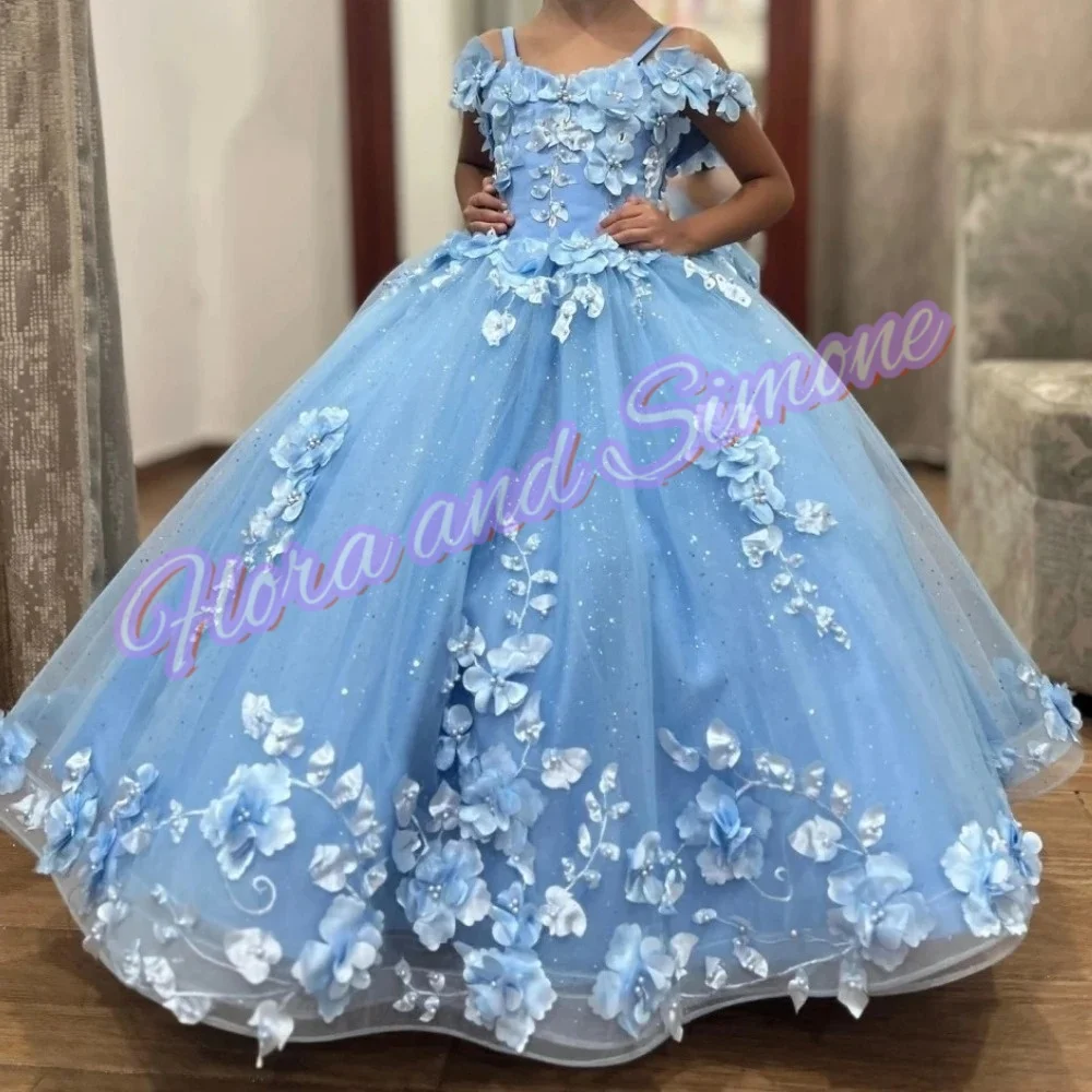 

Sky Blue Customized Flower Girl Dress Tulle Petal Floral Appliques for Wedding Birthday Party Prom Evening Banquet Princess Gown