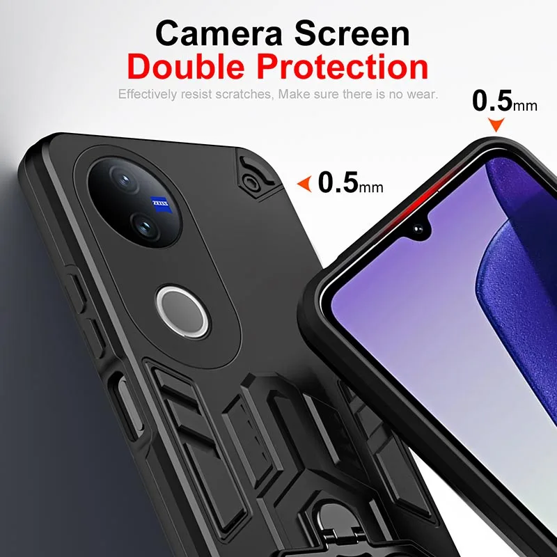 Capa armadura à prova de choque para vivo v50 lite v50e 5g y19e y29 y29s y39 y04 t4x 4g anel de dedo duplo girar capa de suporte de metal
