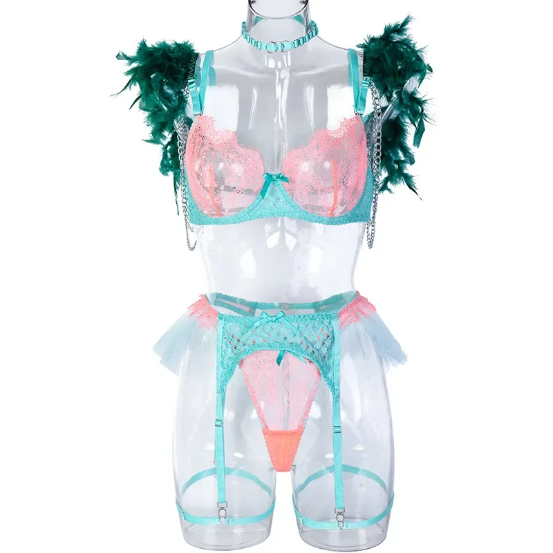 新しいセクシーなレースのつけまつげ付き羽根飾り下着5点セット レディース スイートメッシュ エキゾチックなアパレルスーツ 女性用リボン飾りランジェリー