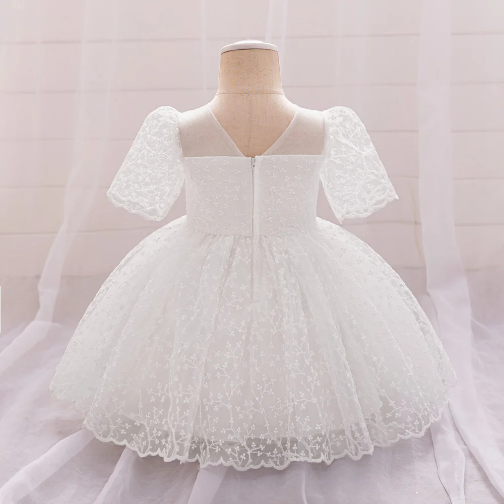 White Baptism Baby Girls Dress Toddler Embroidery 1 Yrs Birthday Party Princess Dresses for Kids Short Sleeves Wedding Prom Gown