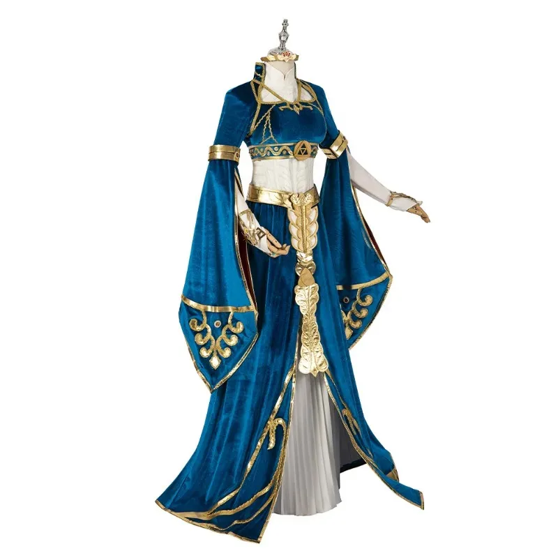 ブループリンセスゼルダコスプレ衣装ベルベットトップスカート衣装フルセットとウィッグは販売されています女性ゲームドレスカスタムサイズob-8