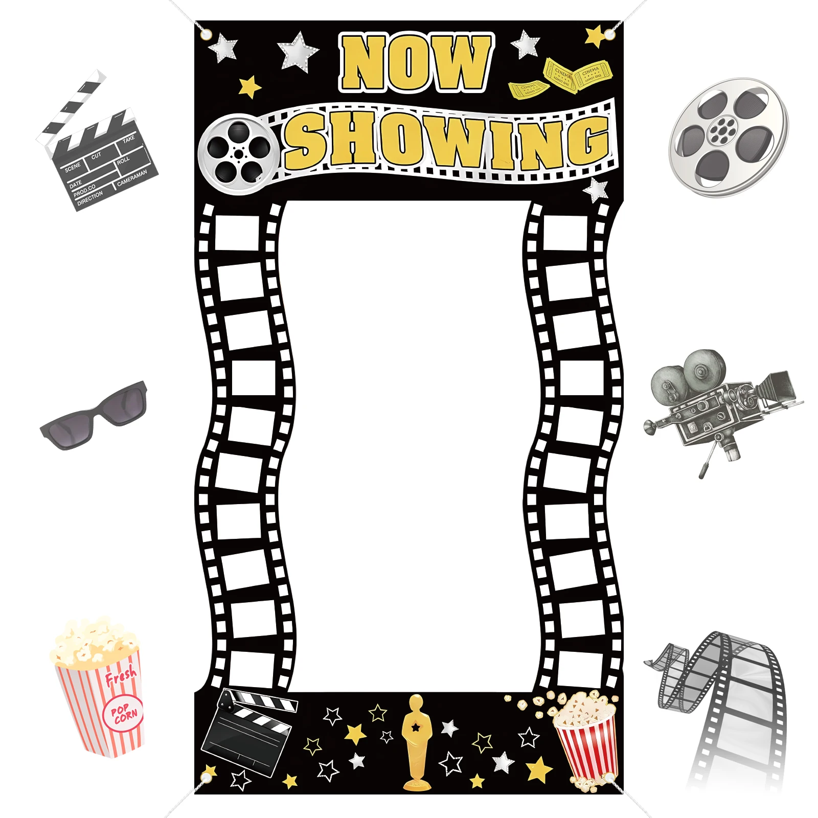 Decoraciones para fiestas nocturnas de películas, accesorios para fotomatón con tema de película ahora que muestran pancarta, telón de fondo para fiestas nocturnas de películas, suministros para fiestas de películas